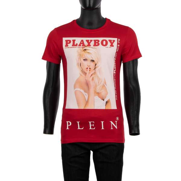 T-Shirt mit Magazin Print von Victoria Silvstedt mit 'PLAYBOY PLEIN' Print vorne und mit PHILIPP PLEIN Logo Schild auf der Rückseite von PHILIPP PLEIN x PLAYBOY