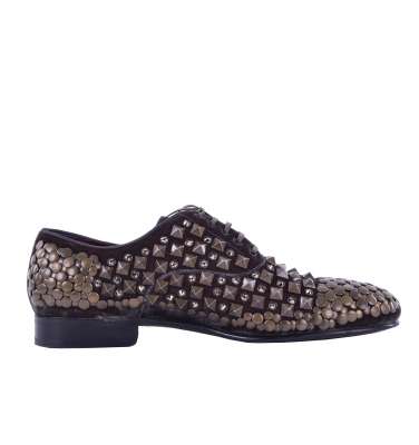 Derby Schuhe aus Samt mit Nieten und Kristallen Braun 39 US 6