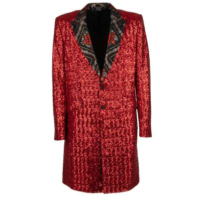 Sequined Coat Blazer with Roses Jacquard Lapel Red Black 48 38 M