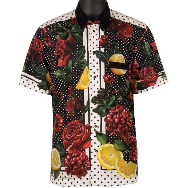 Oversize cotton shirt with polka dot, roses, flowers, lemon print and knitted elements by DOLCE & GABBANA