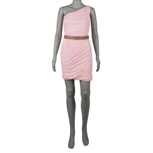 Kurzes und elastisches Mini Kleid mit Lining und mit Kristallen beschmücktem Gürtel in Pink von ROBERTO CAVALLI