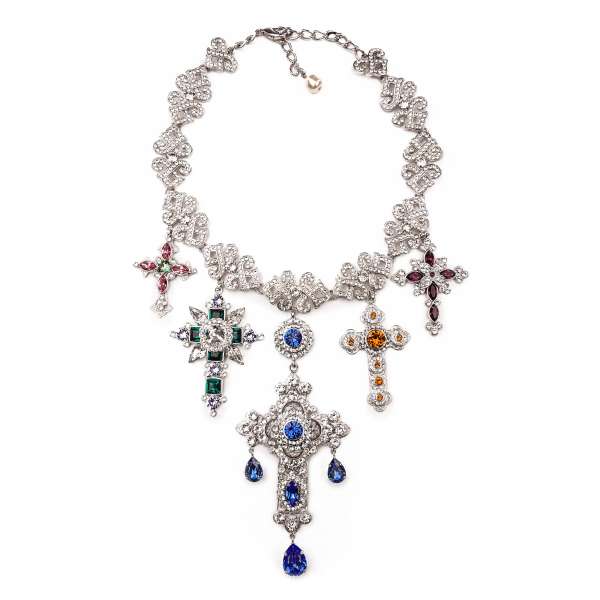Extravagant necklace / choker with massive cross pendants, filigree details and multicolor crystals in silver by DOLCE & GABBANA