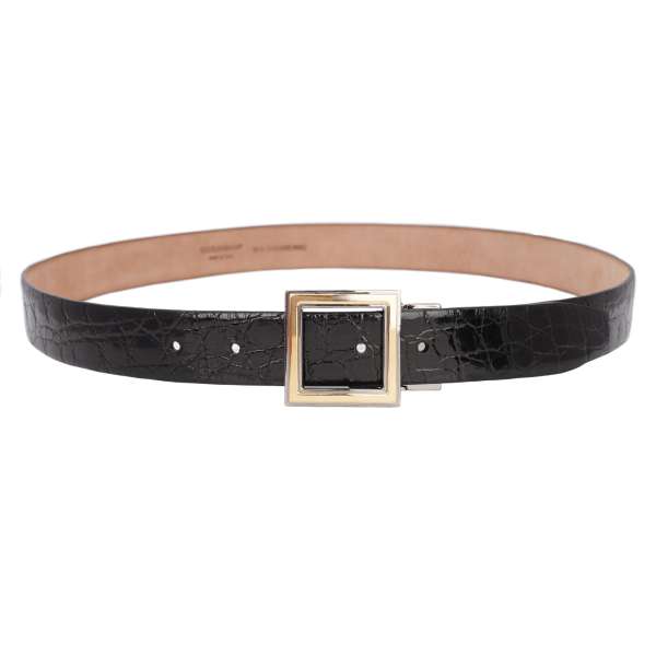 Classic Crocodile Leather belt with silver and gold square form buckle in black by DOLCE & GABBANA