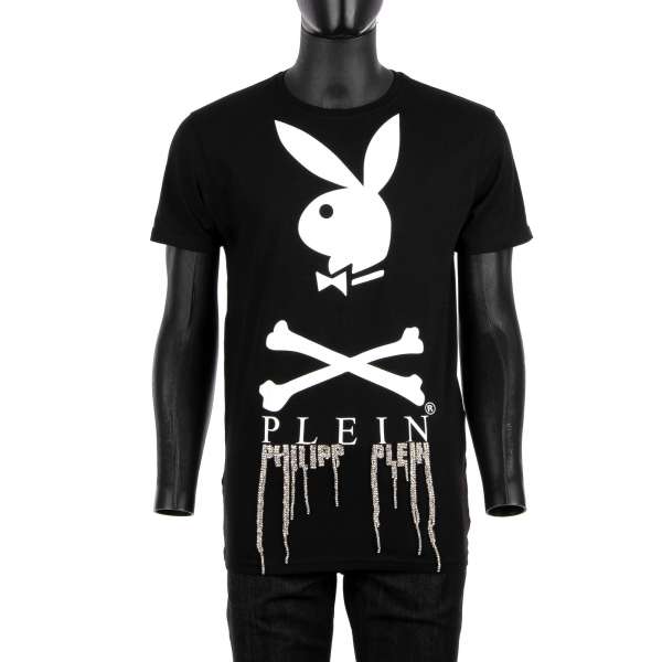 T-Shirt mit Bunny und Gothic Logo aus weißen Kristallen vorne und mit PLAYBOY Schriftzug auf der Rückseite von PHILIPP PLEIN x PLAYBOY