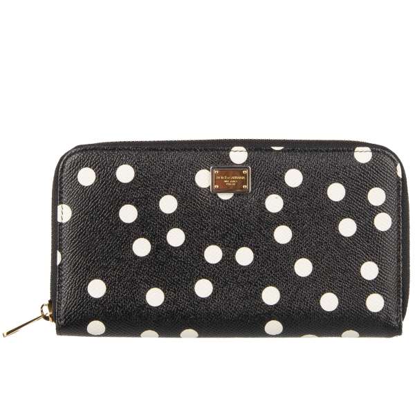 Polka Dot Zip-Around wallet with logo plate made of dauphine leather in black and white by DOLCE & GABBANA