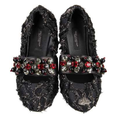 Jacquard Crystal Brooch Strap Ballet Flats VALLY Black Red
