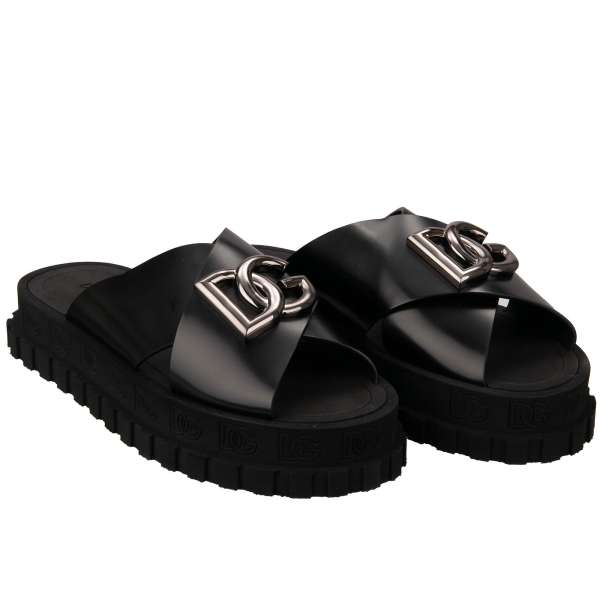  Plateau Slides Sandals with DG Front Silver Logo and hand-painted elements in black by DOLCE & GABBANA 