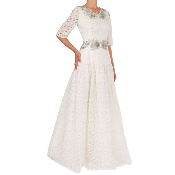 Silk blend long wedding dress with floral lace, silk lining, pearls and crystal embroidery applications in silver and white by DOLCE & GABBANA