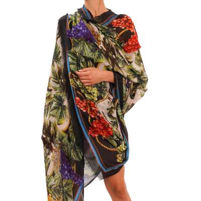Weintrauben Print Großer Kashmir Schal Foulard Schwarz Rot Grün