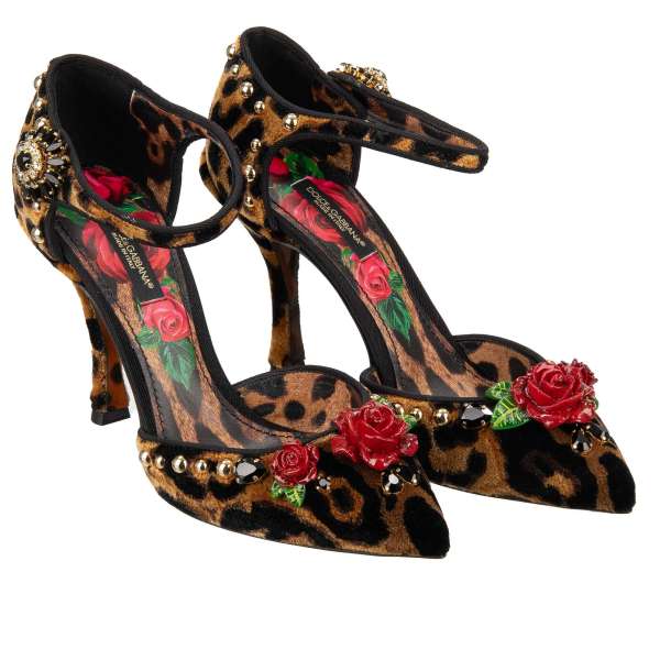 Leopard Samt Spitzform Pumps LORI aus Samt mit Hand-bemahlten Rosen, Perlen und Kristallen Applikationen in Schwarz und Braun von DOLCE & GABBANA