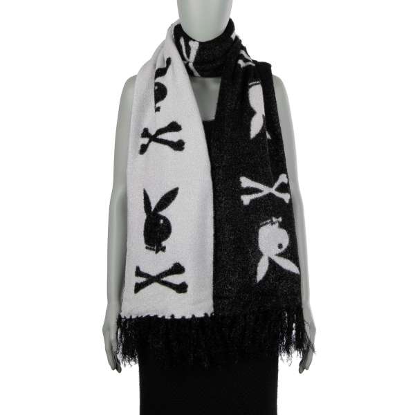 Long bi-color scarf Rock PP with printed Bunny Skull logos and metal logo plaque by PHILIPP PLEIN x PLAYBOY