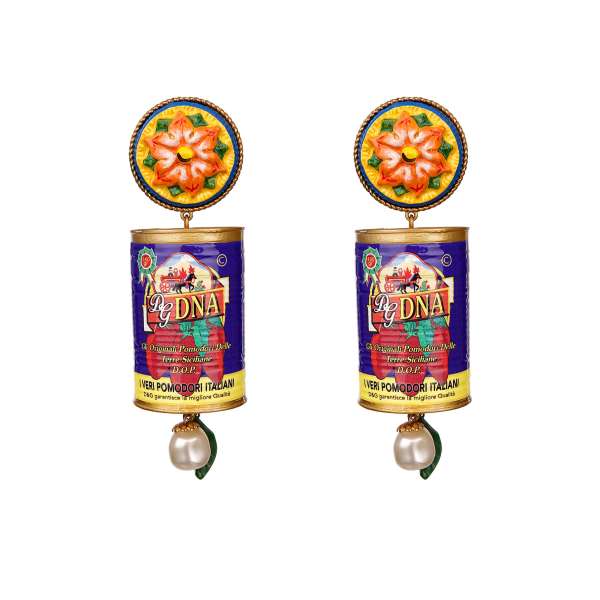 Maiolica Barattoli' Clip Earrings adorned with DG DNA tomato cans, flowers and pearls in purple and gold by DOLCE & GABBANA