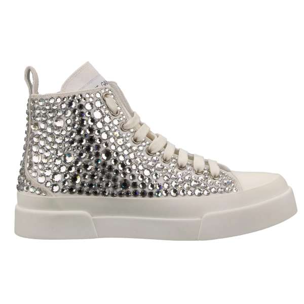 Damen High Top Sneaker PORTOFINO mit Kristallen in Weiß von DOLCE & GABBANA