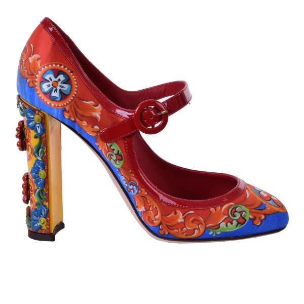 Carretto Siciliano Mary Jane Pumps VALLY with painted heel with floral ceramic embellishments by DOLCE & GABBANA Black Label