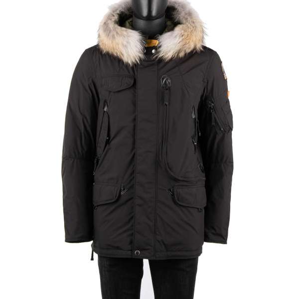 Parka / Daunenjacke RIGHT HAND LIGHT aus leichtem Polyester-Polyurethan-Popeline mit abnehmbarem Echtpelzbesatz, Kapuze, vielen Taschen und Daunenfutter in Raven Schwarz