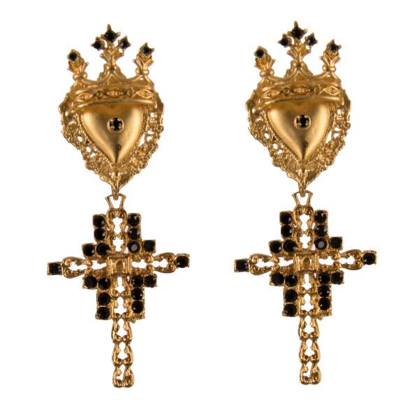Kreuz Clip Ohrringe mit Herz, Krone und Kristallen in Gold und Schwarz von DOLCE & GABBANA 