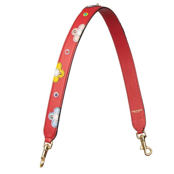 Dolce Gabbana Flower Studded Leather Bag Strap Handle Red Gold
