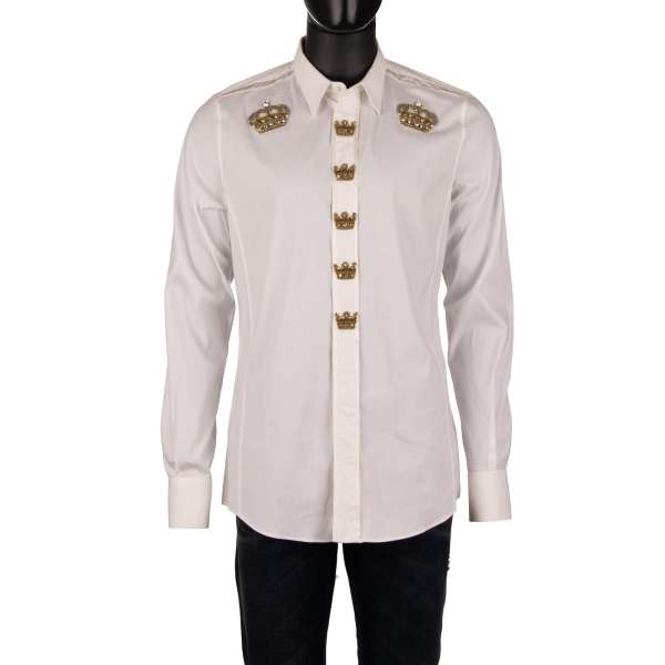 Cotton shirt with silk details and goldwork crowns embroidery with crystals in white by DOLCE & GABBANA GOLD Line 