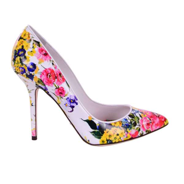 Klassische Spitzform Pumps BELLUCCI in Weiß mit floralm Print von DOLCE & GABBANA