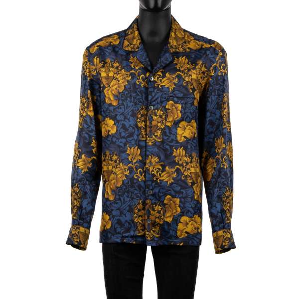 Normal fitted silk Hawaii shirt with open collar and floral Sicily heraldry print by DOLCE & GABBANA