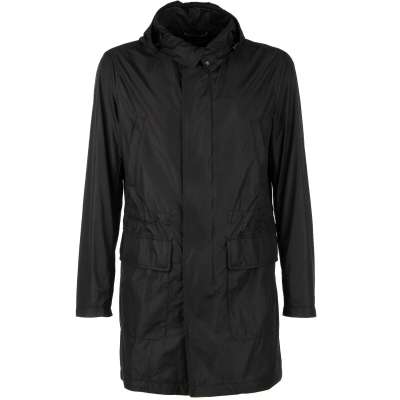 Classic Rain Parka Jacket with Pockets and Hoody Black
