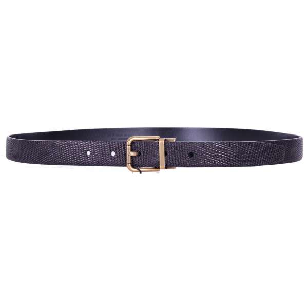 Lizard leather belt with removable roller buckle in black by DOLCE & GABBANA