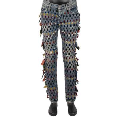 Distressed Straight Cut Jeans mit Samt Schleifen Netz Struktur Blau 48 32 33 M 