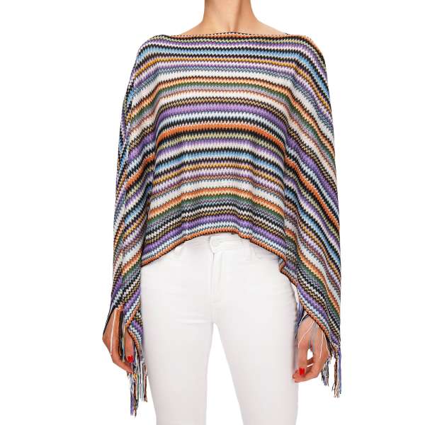 Large zigzag pattern woven Poncho Scarf / Foulard in white, orange, blue, purple and black by MISSONI