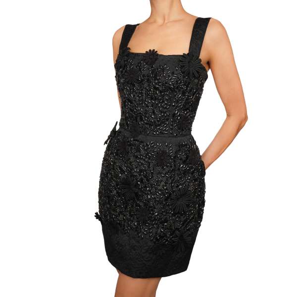 Brocade dress with embroidered flowers, crystals and pearls in black by DOLCE & GABBANA