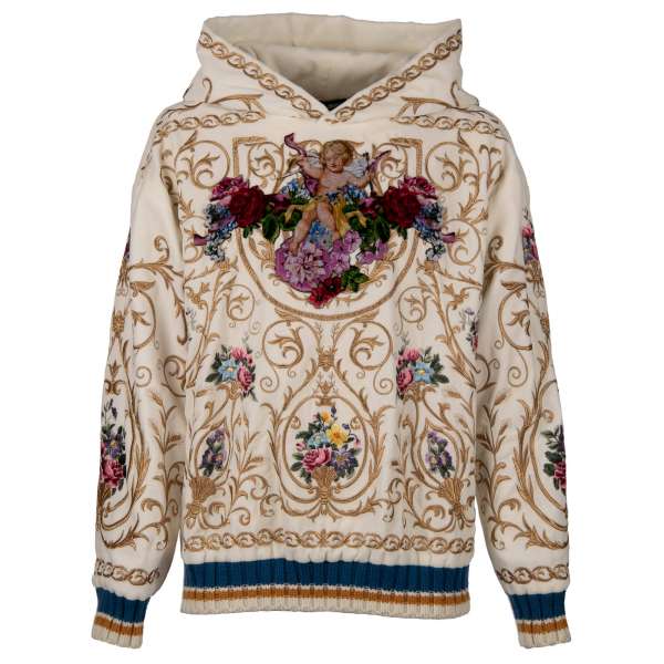 Außergewöhnlicher Hoodie / Pullover mit Engel und Blumen Hand Stickerei und Lining aus Seide von DOLCE & GABBANA