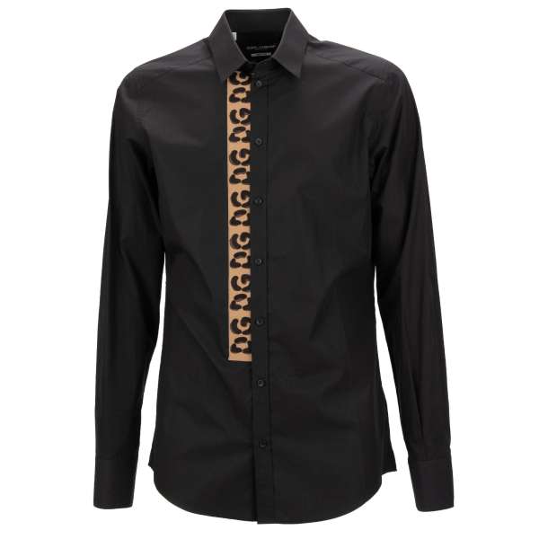 Cotton shirt with Leopard plastic elements patch in black and by DOLCE & GABBANA  - MARTINI Line 