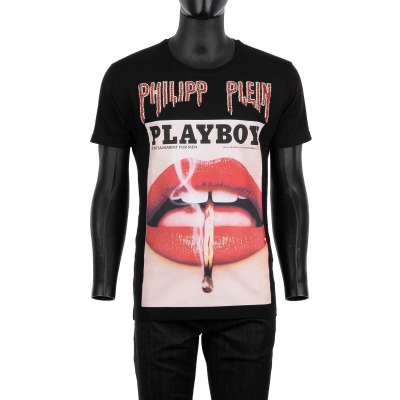 Logo Crystals T-Shirt with Lips Print Black S