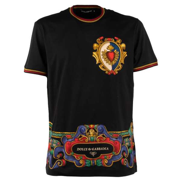 Cotton T-Shirt with baroque style sacred heart and logo print by DOLCE & GABBANA