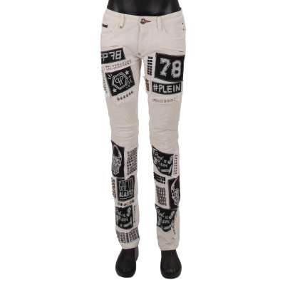 Biker Punk Rock Stud Skull Skinny Jeans Pants White