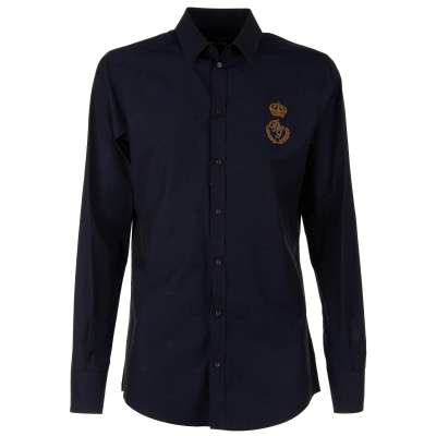 Monogram Cotton Shirt MARTINI with Embroidered Crown Blue 40 15.75 M