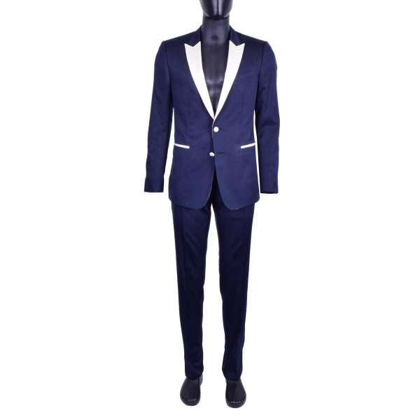 Wool and silk suit with stripes texture and white silk contrast reverse and buttons by DOLCE & GABBANA Black Line