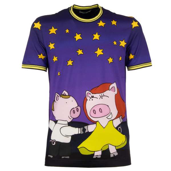 Printed cotton T-Shirt with Pigs and Stars print and logo sticker by DOLCE & GABBANA