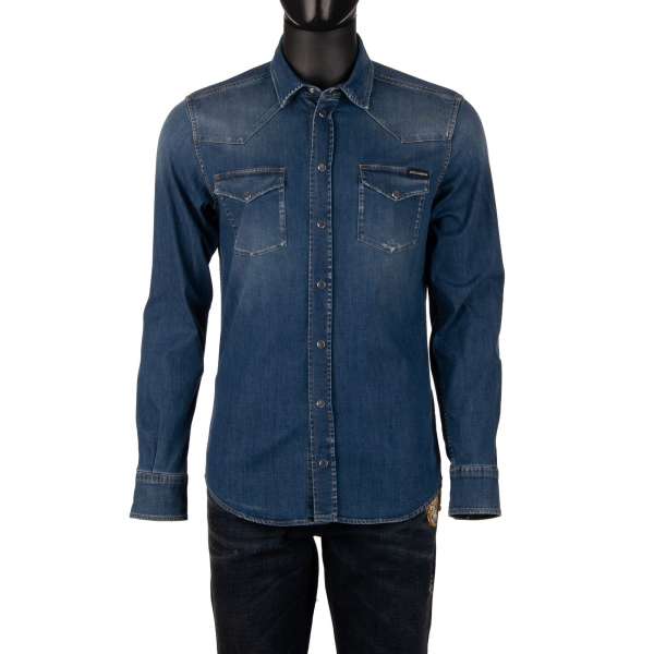 Washed effect Jeans / Denim shirt with push button fastening and two front pockets in blue by DOLCE & GABBANA
