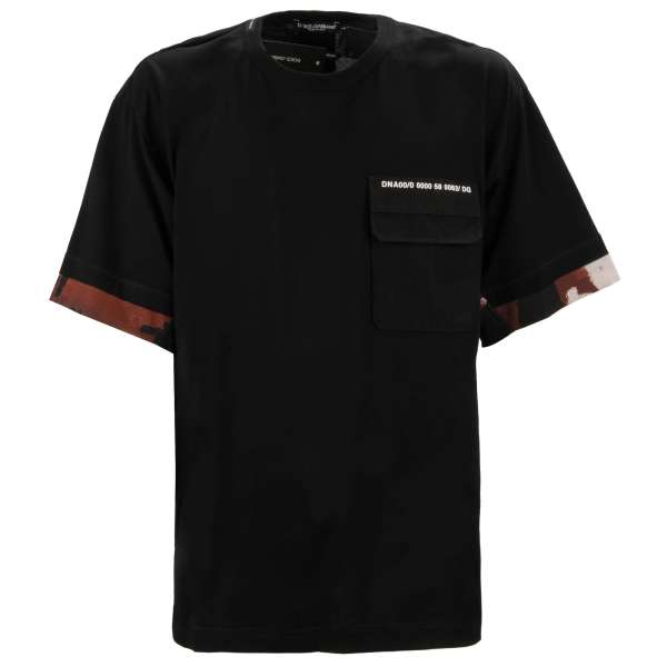Oversize Baumwolle T-Shirt mit DG Logo Tasche und Camouflage Tarnung Elementen in Schwarz von DOLCE & GABBANA