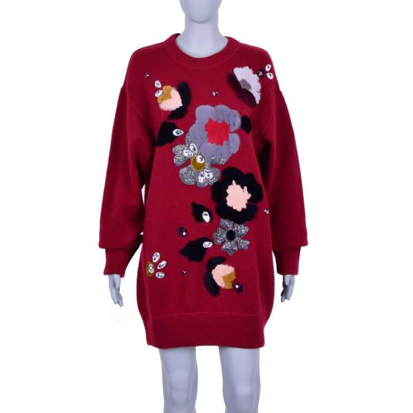 Virgin Wool Sweater Dress with fairytale floral applications made of jacquard, fur and crystals in red by DOLCE & GABBANA Black Label