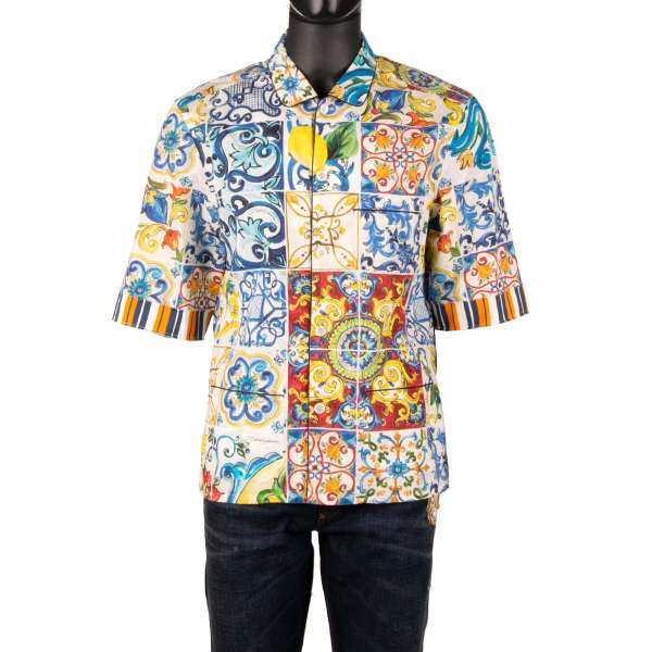 Cotton shirt with Majolica Print in blue, yellow and white and by DOLCE & GABBANA