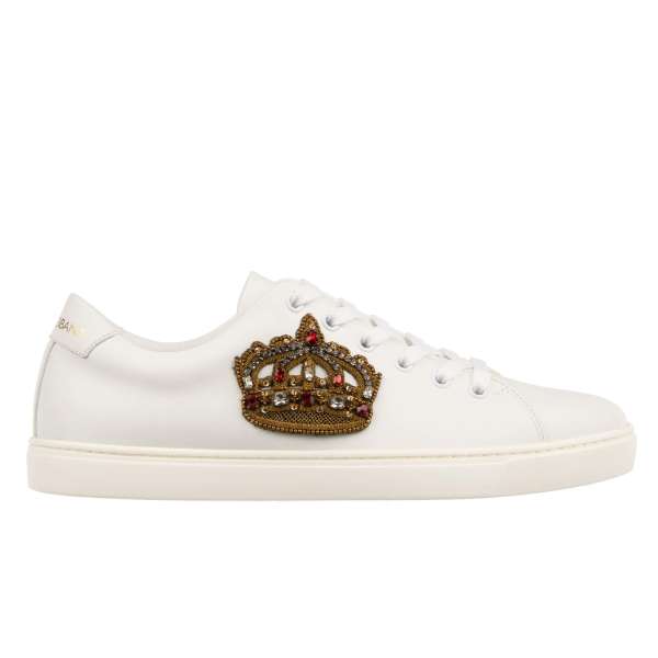 Leather Sneaker LONDON with crystals and goldwork Crown embroidery in white by DOLCE & GABBANA