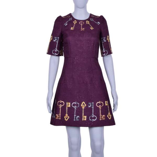 Baroque Style Silk Jacquard Dress with golden and silver keys print by DOLCE & GABBANA Black Label