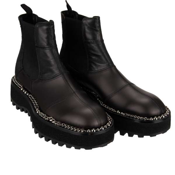 Plateau Nylon and Leather Ankle Boots MICHELANGELO with silver chain decorations in black by DOLCE & GABBANA 