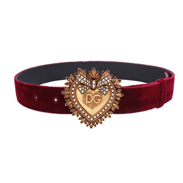 DEVOTION leather and velvet Belt embellished with Pearl Metal Heart in red and gold by DOLCE & GABBANA 