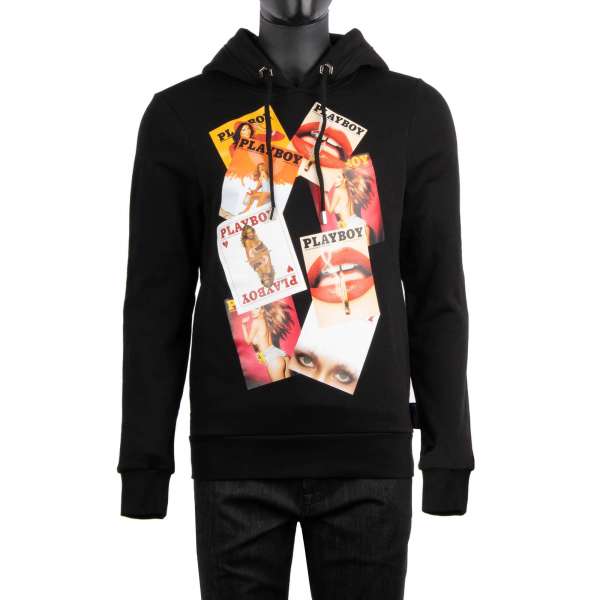 Hoody with a print of various PLAYBOY magazine covers of at the front and crystals embellished Playboy Skull Logo and PLEIN lettering printed at the back by PHILIPP PLEIN x PLAYBOY
