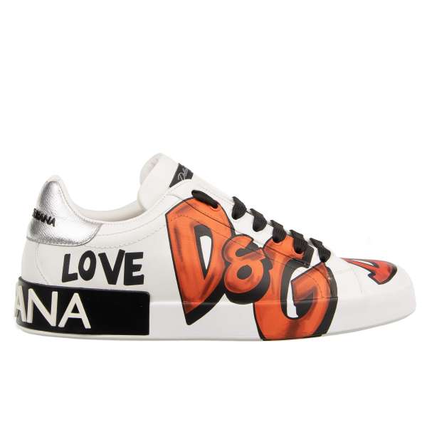 Graffiti Print Low-Top Sneaker PORTOFINO Light with DG logo on the back in white, orange and black by DOLCE & GABBANA