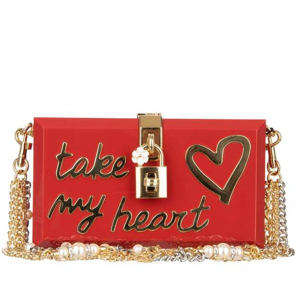 Plexiglas shoulder bag / clutch DOLCE BOX with golden "Take My Heart" lettering, pearls embellished chain strap and decorative padlock with flower by DOLCE & GABBANA