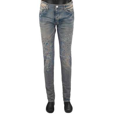 Crystal Painter Skinny Jeans with Crystals and Splatter Indigo Clay Blue