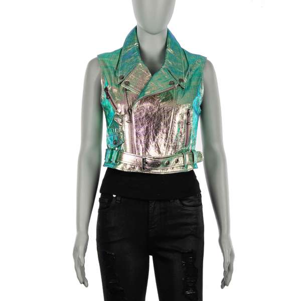 Metallic effect leather short Biker Style Vest Jacket VINTAGE COLOURS in green, pink and silver by PHILIPP PLEIN COUTURE